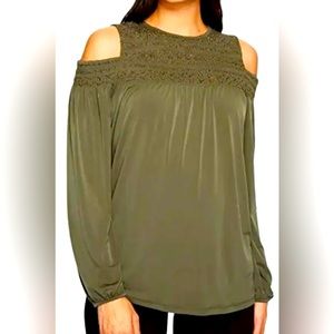 New Michael Kors Cold Shoulder Top Gold Thread Olive Green Smocking Size Medium